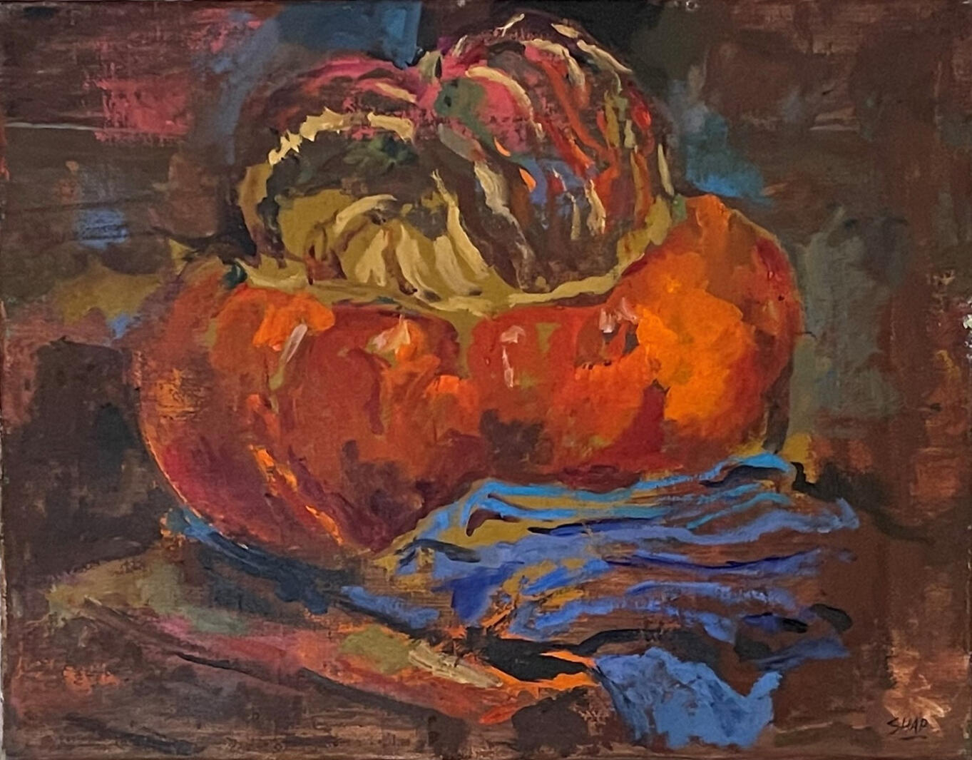 Pumpkin and Blue Cloth, 14x10.5&quot;